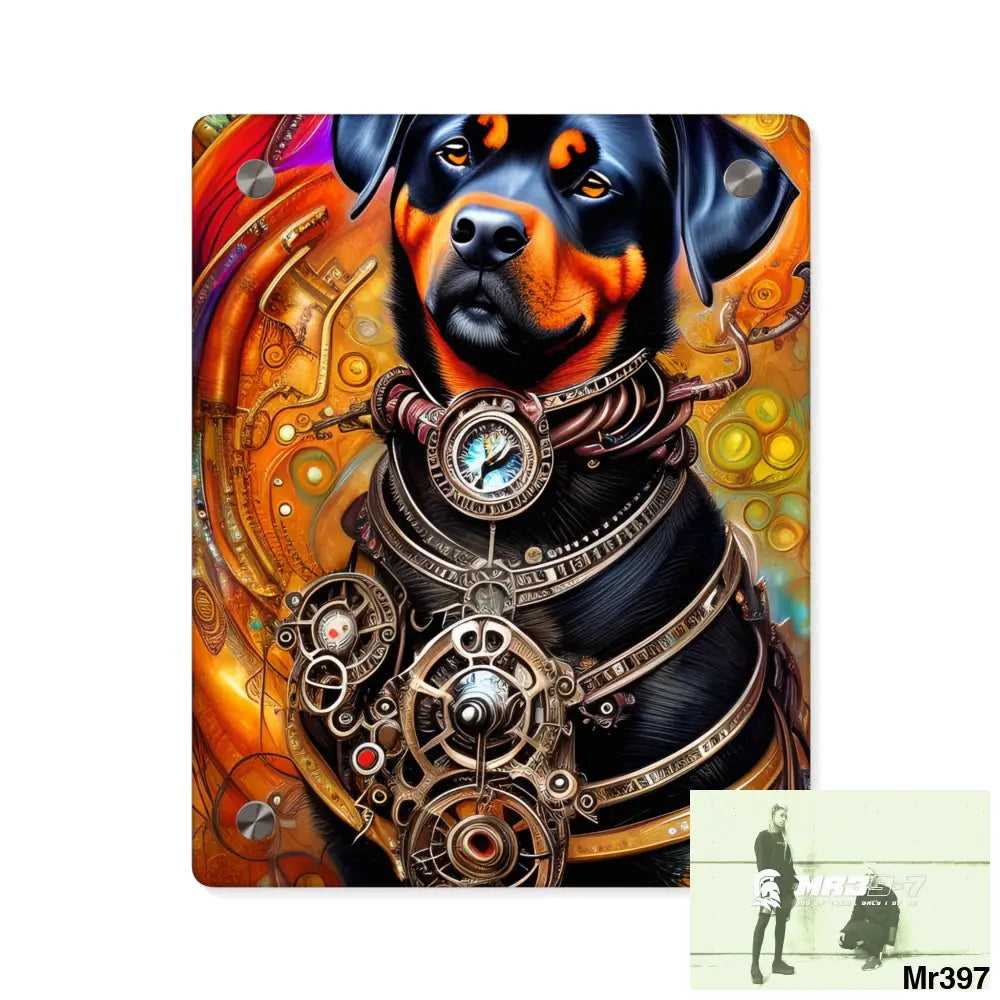 Steampunk Rottweiler Hearts Tribal Fractal Water color Digital Painting Acrylic Wall Art Panels 8″ x 10″ (Vertical)