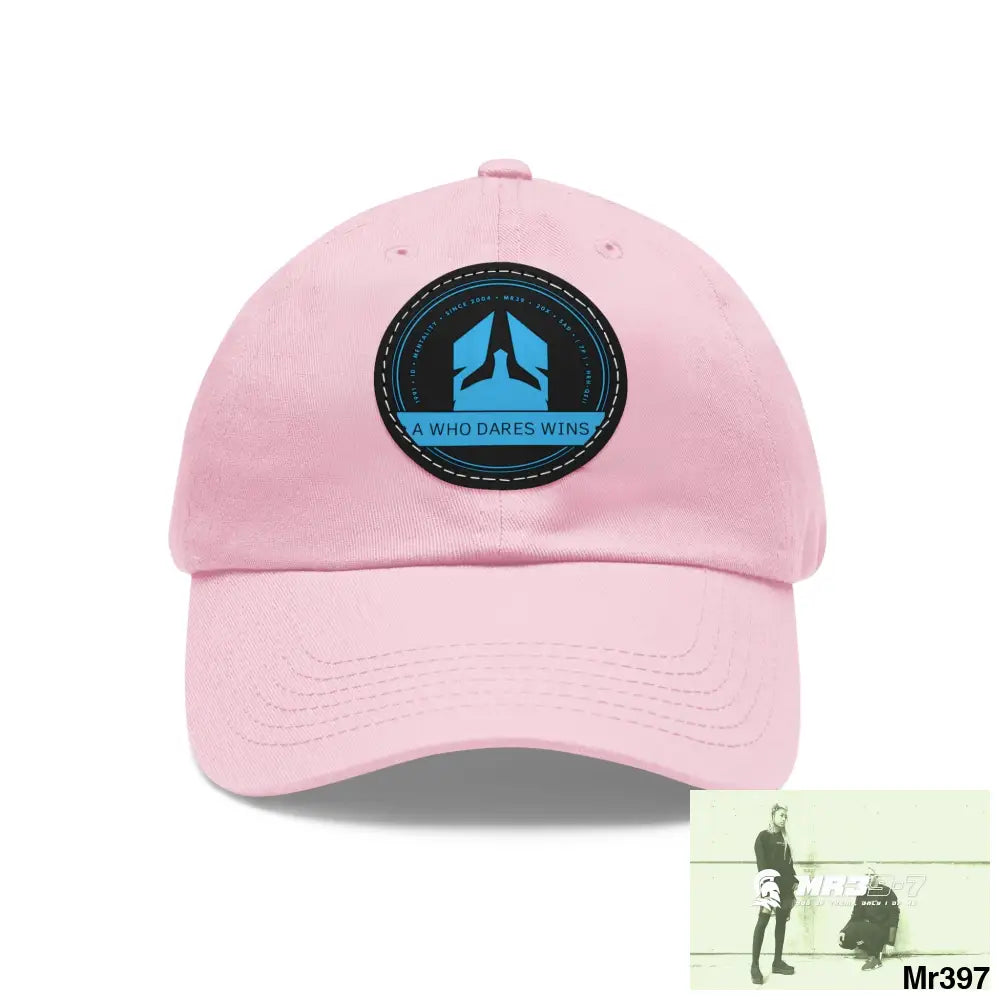 The A Who Dares Wins Dad Hat with Leather Patch (Round) Light Pink / Black patch / Circle / One size Hats