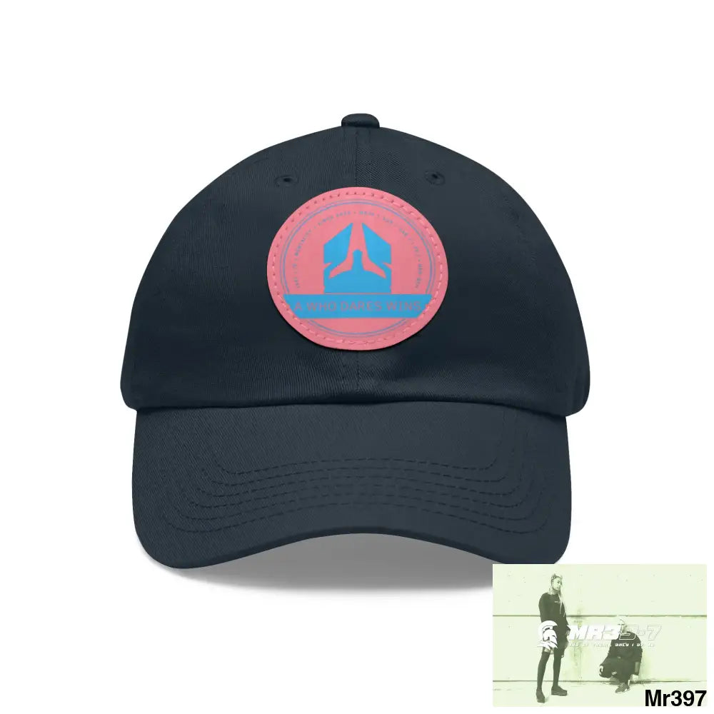 The A Who Dares Wins Dad Hat with Leather Patch (Round) Navy / Pink patch / Circle / One size Hats