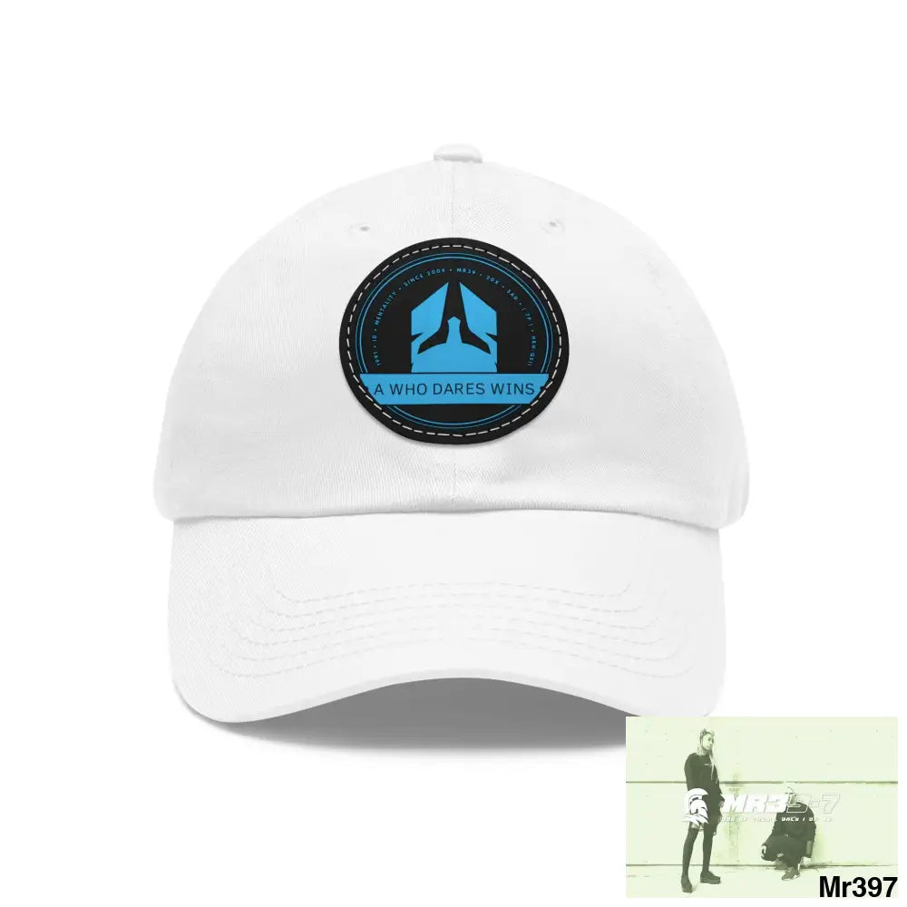 The A Who Dares Wins Dad Hat with Leather Patch (Round) White / Black patch / Circle / One size Hats