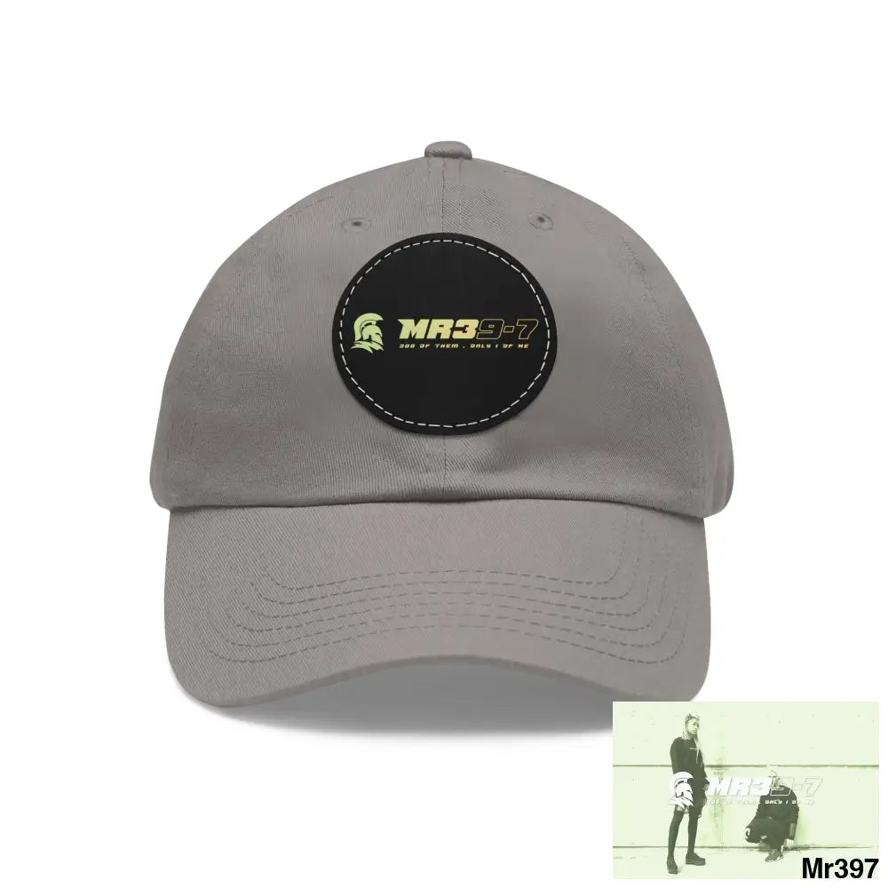 The MR39 Dad Hat with Leather Patch (Round) Grey / Black patch / Circle / One size Hats