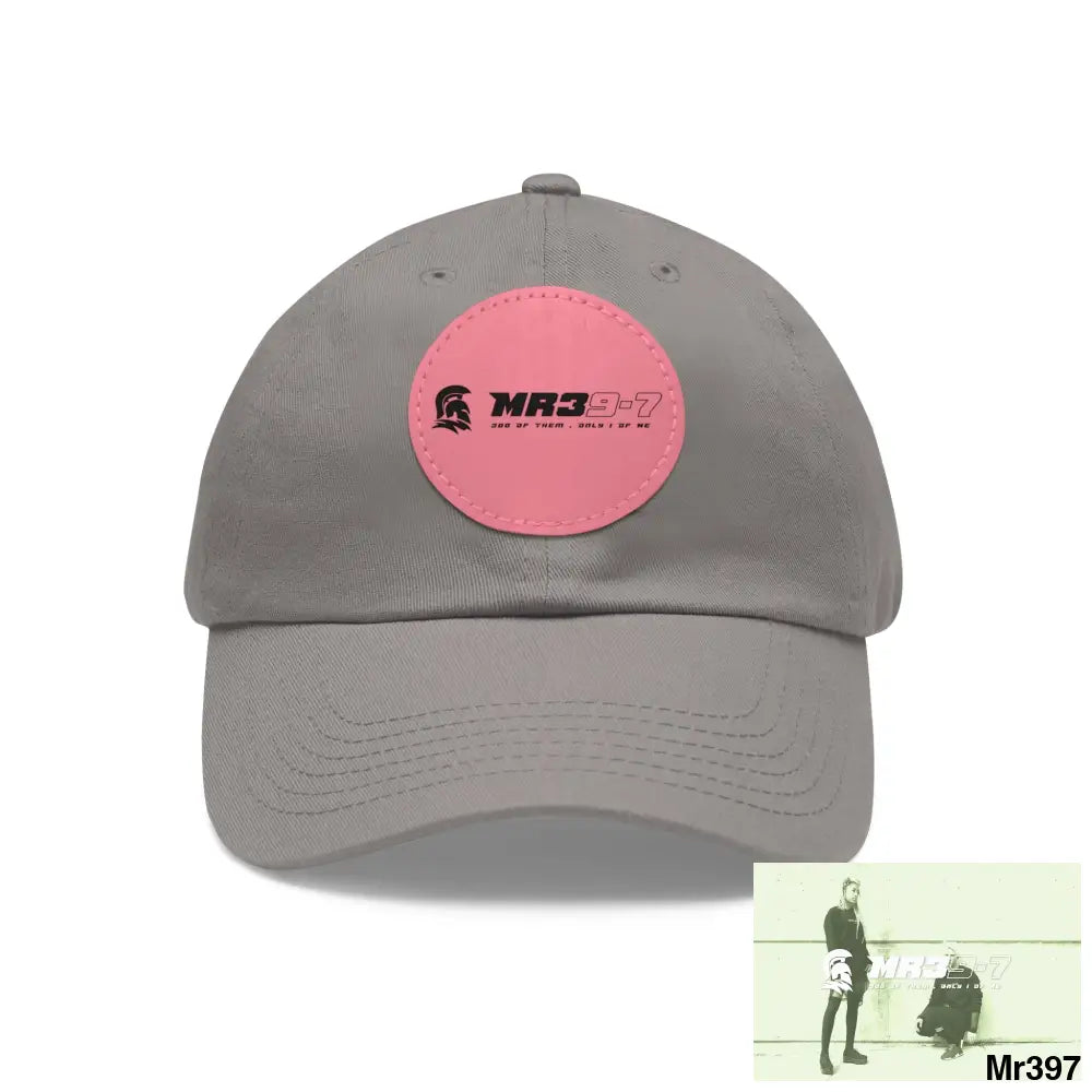 The MR39 Dad Hat with Leather Patch (Round) Grey / Pink patch / Circle / One size Hats