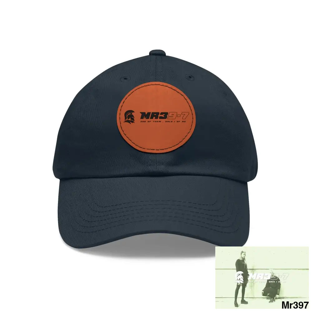 The MR39 Dad Hat with Leather Patch (Round) Navy / Light Brown patch / Circle / One size Hats