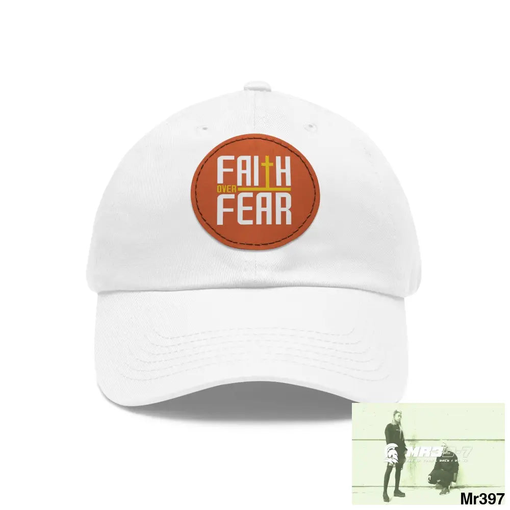 The MR39 Dad Hat with Leather Patch (Round) White / Light Brown patch / Circle / One size Hats