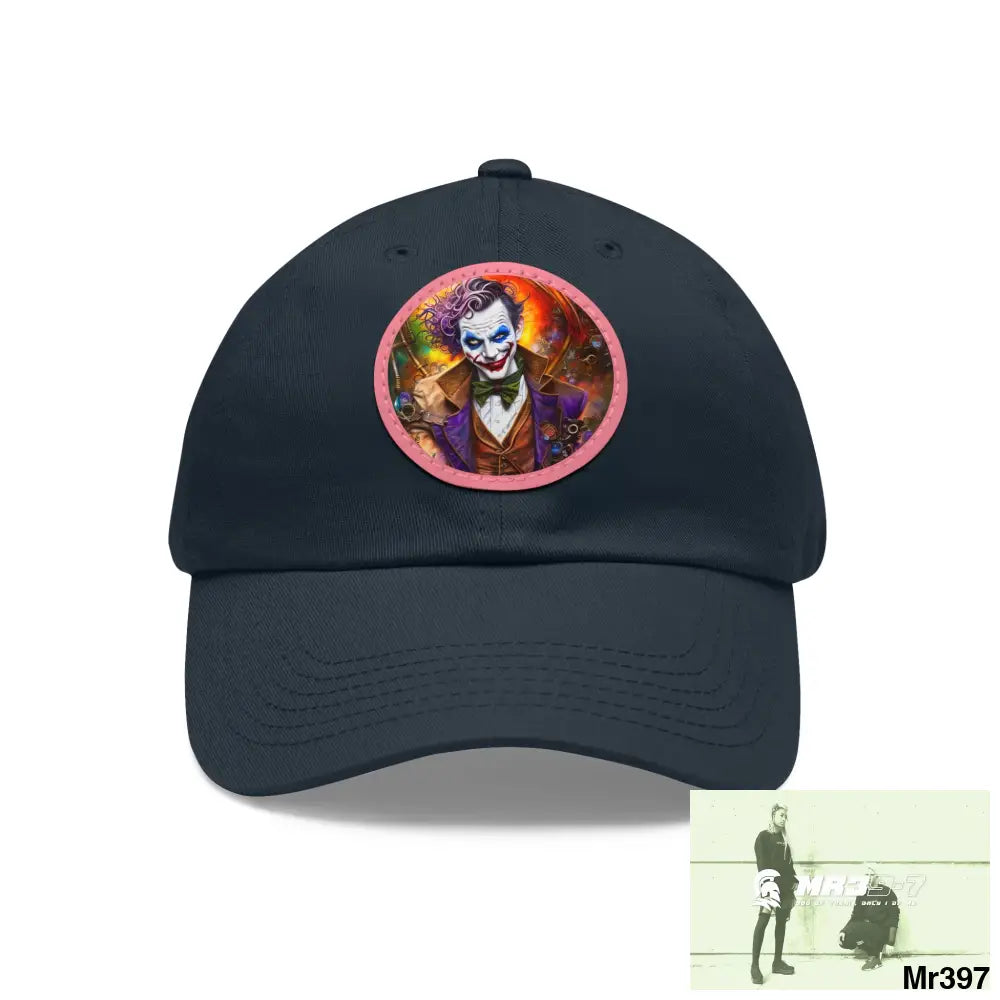 The Steampunk Joker Hearts Tribal Fractal Dad Hat with Leather Patch (Round) Navy / Pink patch / Circle / One size Hats