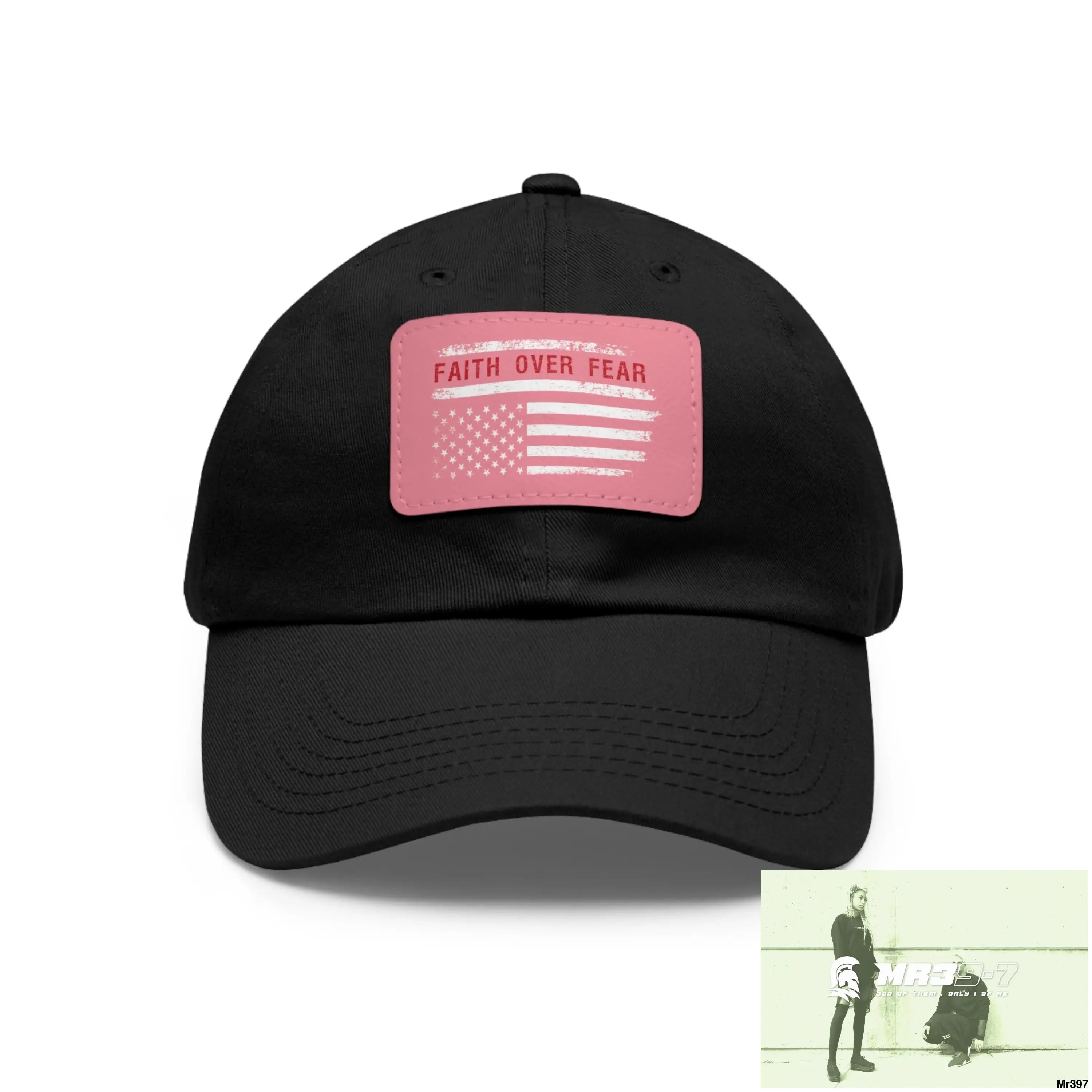 USA Faith over Fear Dad Hat with Leather Patch (Rectangle) Black / Pink patch / Rectangle / One size Hats