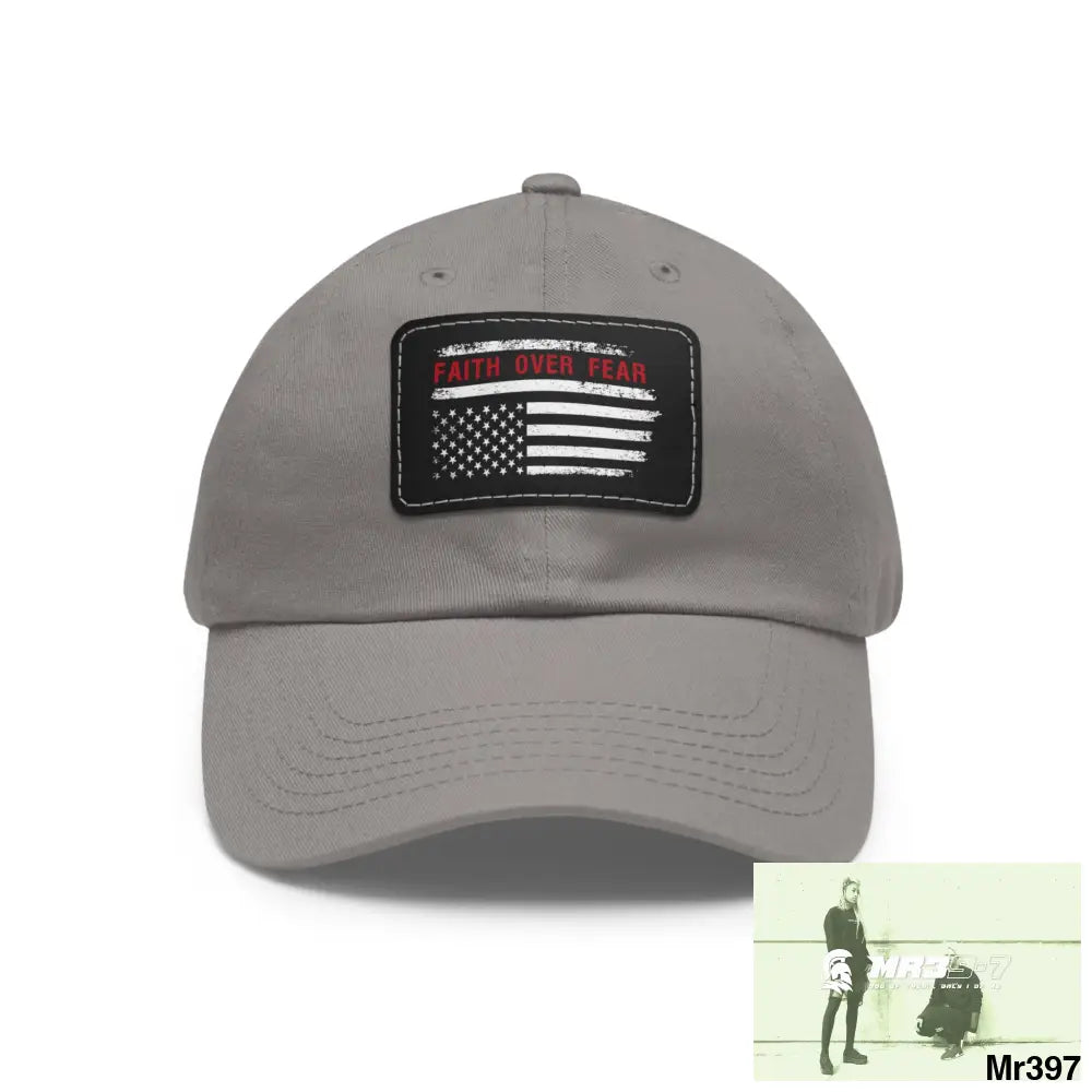 USA Faith over Fear Dad Hat with Leather Patch (Rectangle) Grey / Black patch / Rectangle / One size Hats