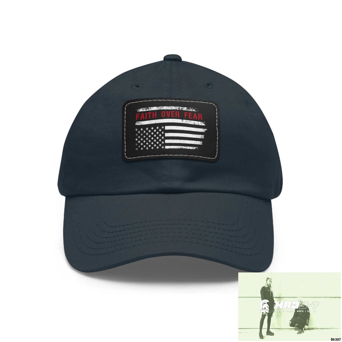USA Faith over Fear Dad Hat with Leather Patch (Rectangle) Navy / Black patch / Rectangle / One size Hats