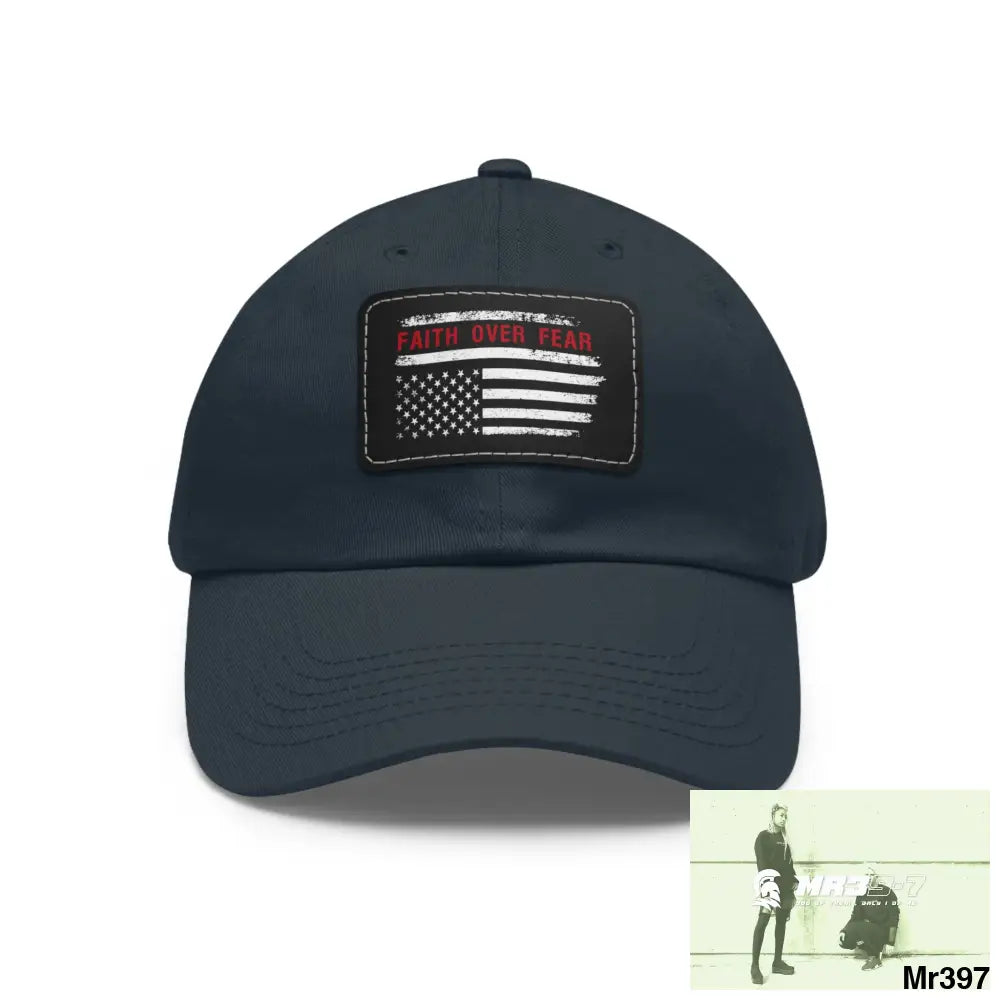 USA Faith over Fear Dad Hat with Leather Patch (Rectangle) Navy / Black patch / Rectangle / One size Hats