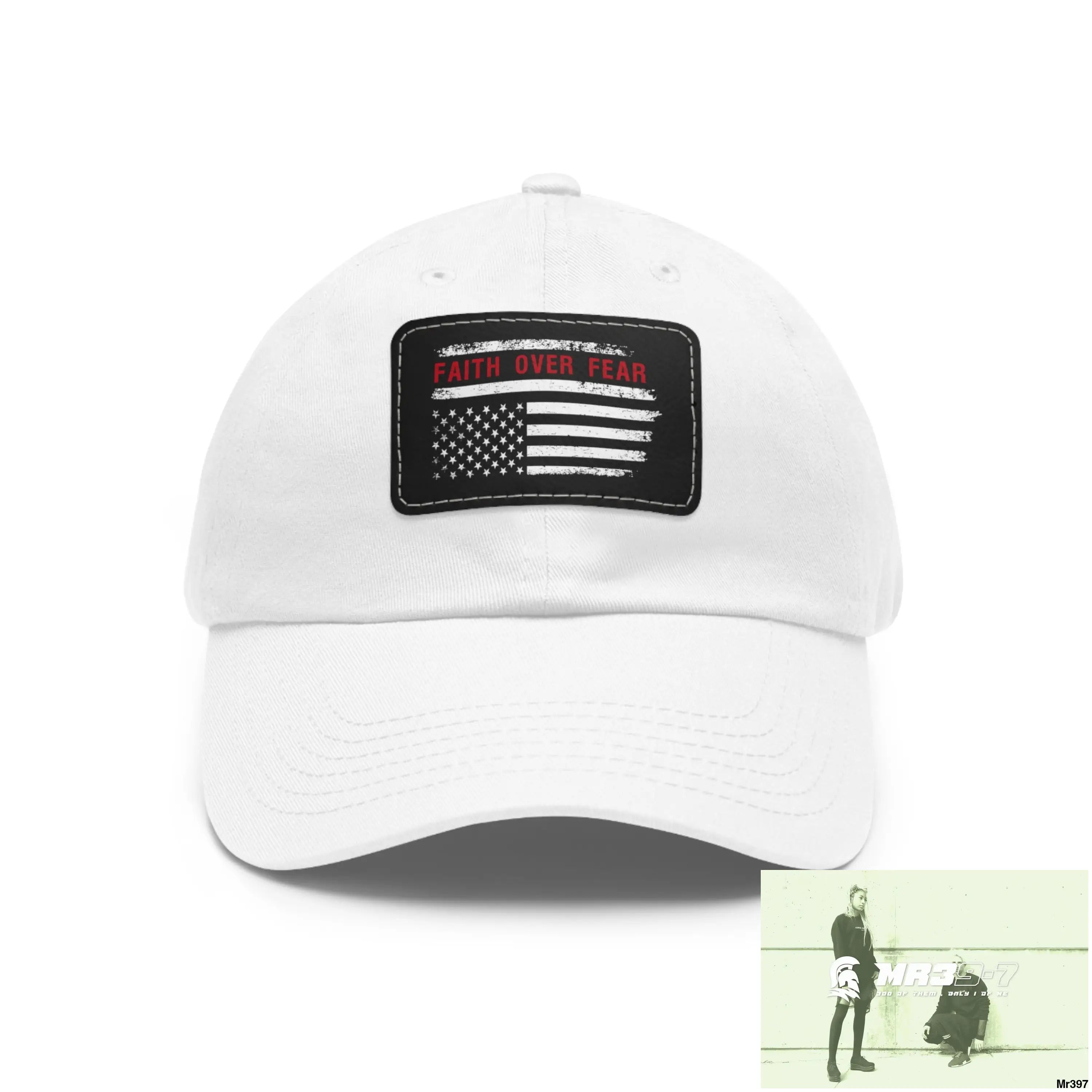 USA Faith over Fear Dad Hat with Leather Patch (Rectangle) White / Black patch / Rectangle / One size Hats