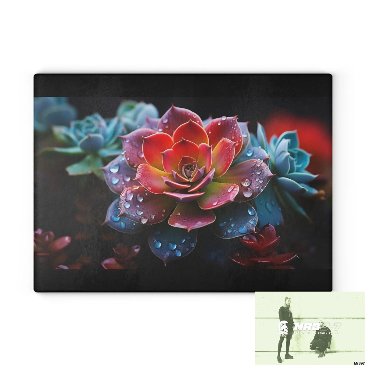 Vibrant Succulent Plant with rain drops Glass Cutting Board 11’’ x 15’’ / Rectangle Home Decor