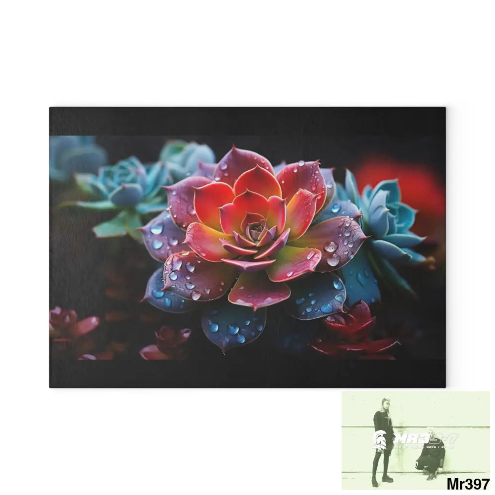 Vibrant Succulent Plant with rain drops Glass Cutting Board 8’’ x 11’’ / Rectangle Home Decor