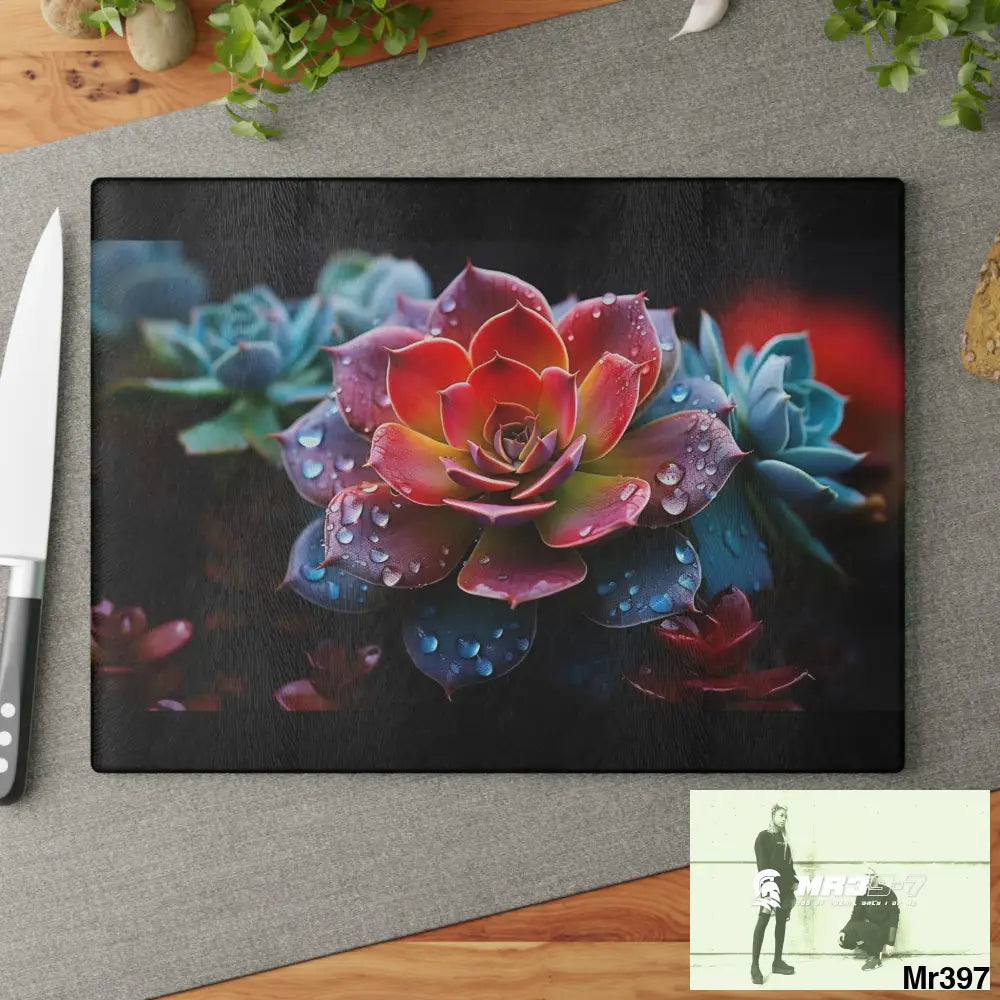 Vibrant Succulent Plant with rain drops Glass Cutting Board Home Decor