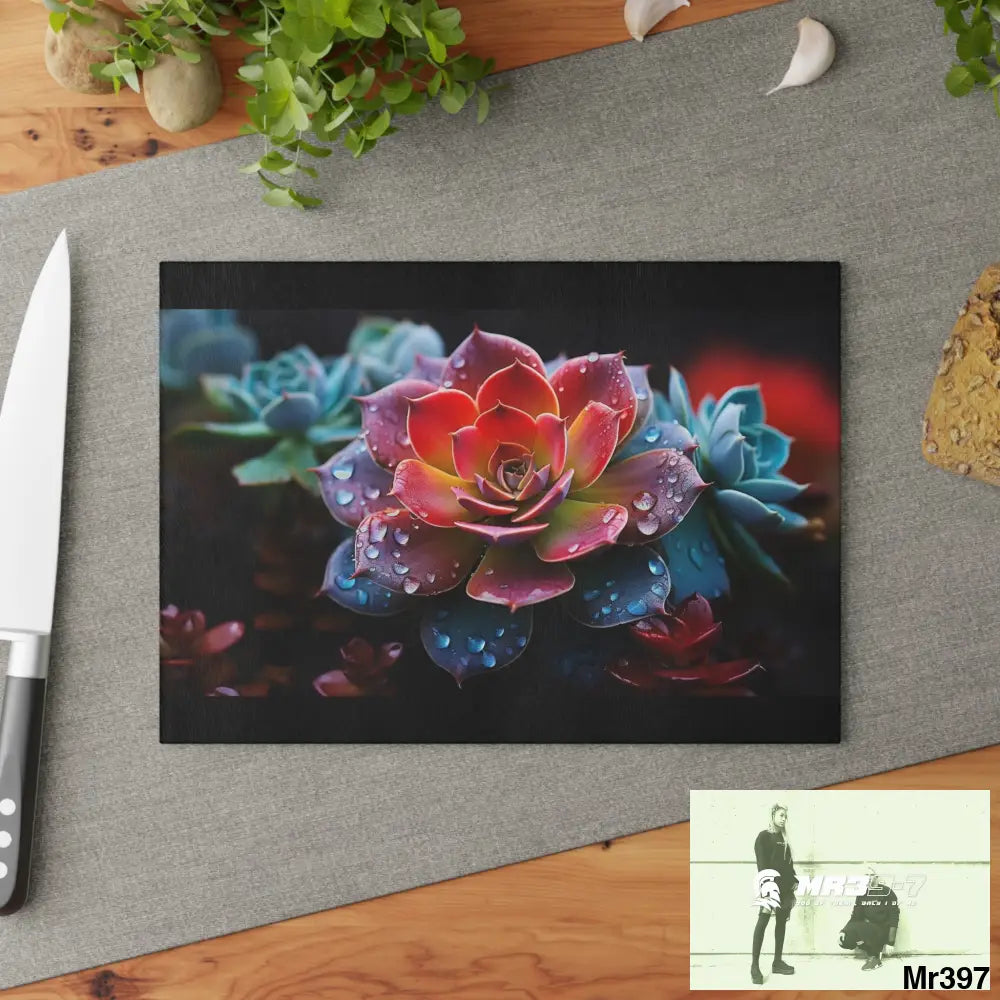 Vibrant Succulent Plant with rain drops Glass Cutting Board Home Decor