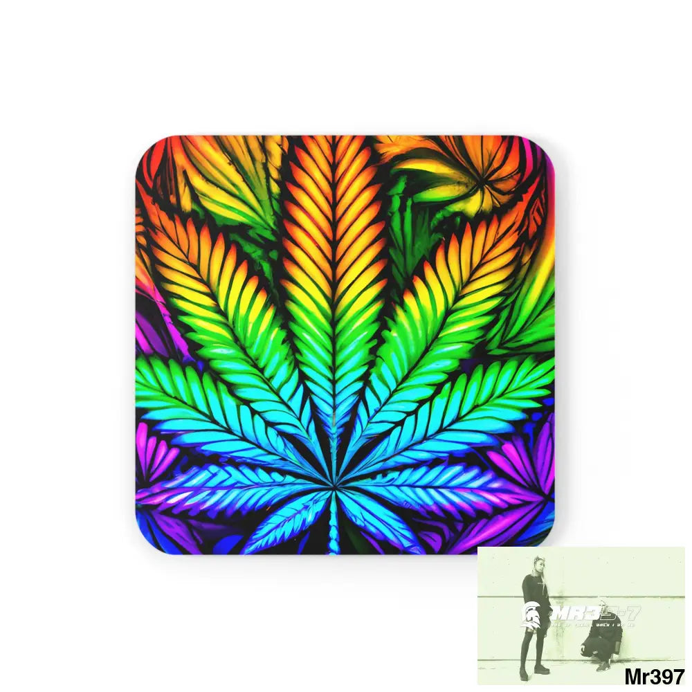 Weed Leaf art Corkwood Coaster Set Cork / 3.75’’ × 3.75’’ / Square Home Decor