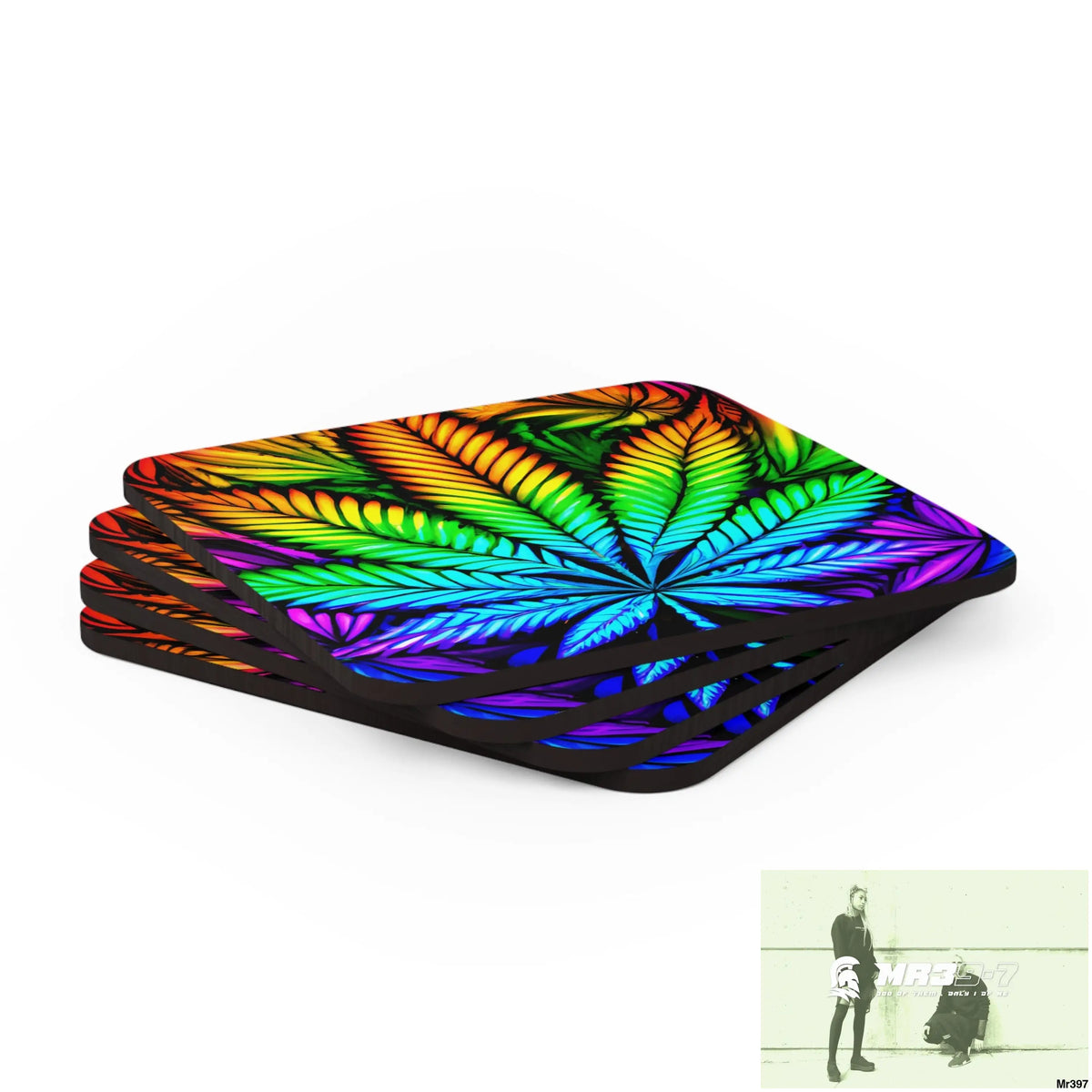 Weed Leaf art Corkwood Coaster Set Cork / 3.75’’ × 3.75’’ / Square Home Decor