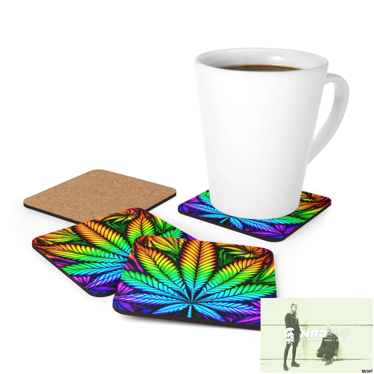 Weed Leaf art Corkwood Coaster Set Cork / 3.75’’ × 3.75’’ / Square Home Decor