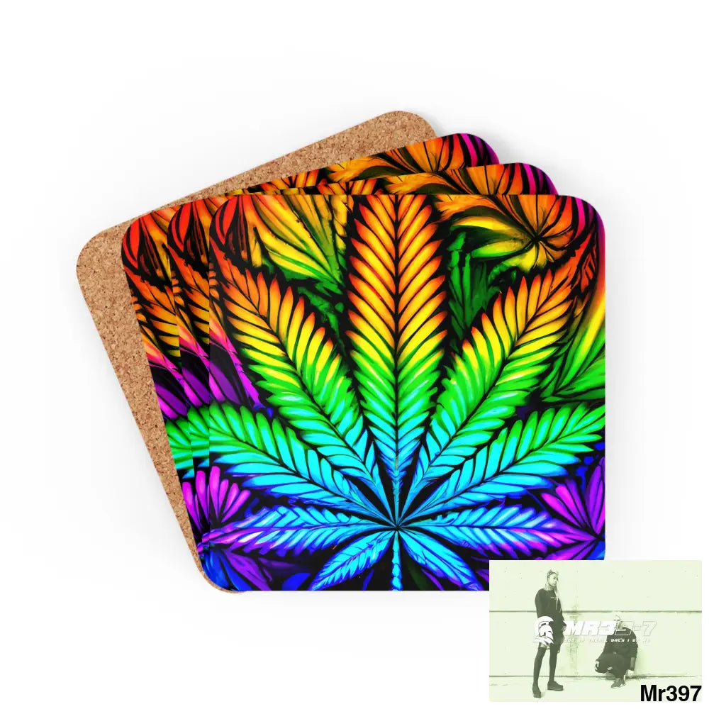 Weed Leaf art Corkwood Coaster Set Cork / 3.75’’ × 3.75’’ / Square Home Decor