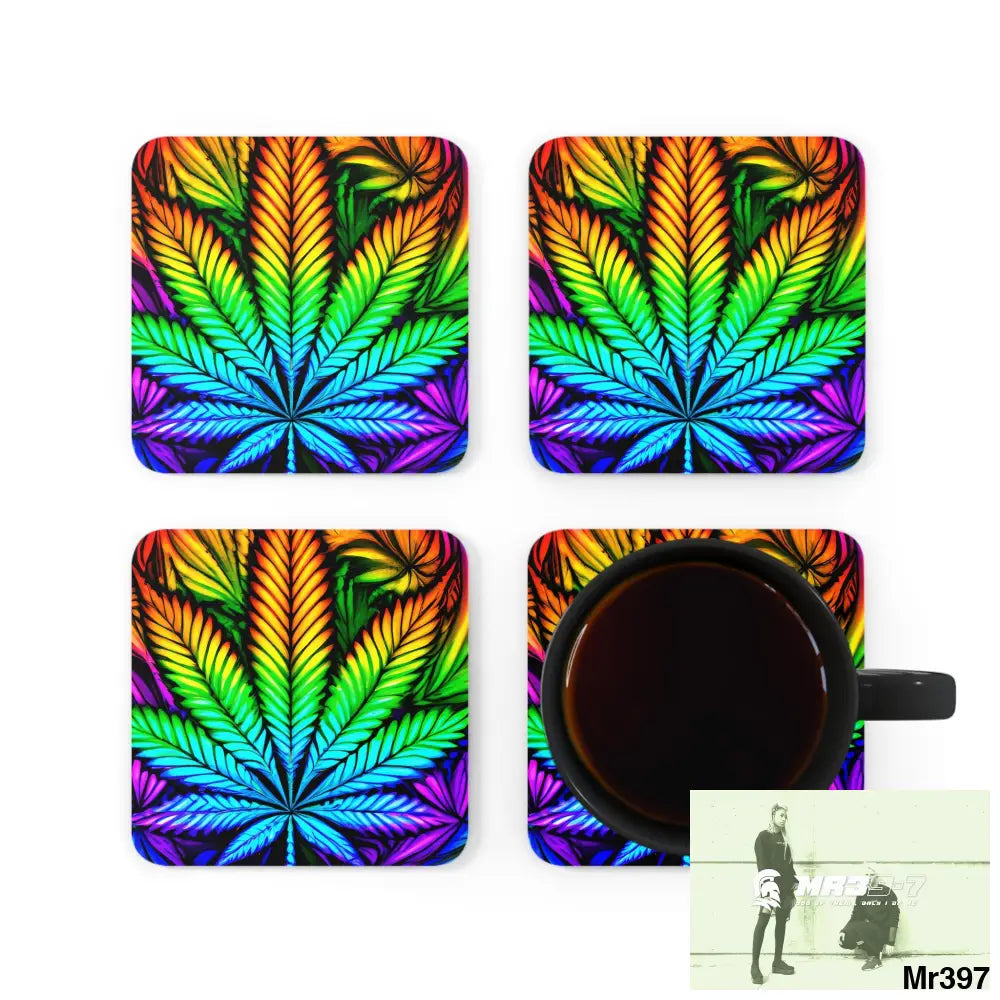 Weed Leaf art Corkwood Coaster Set Cork / 3.75’’ × 3.75’’ / Square Home Decor