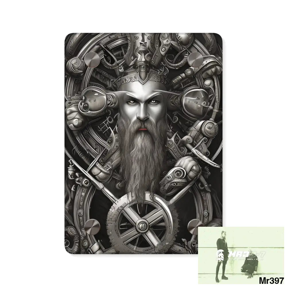 Whimsical Detailed Fantasy Trident Viking Warrior Portrait Centered Clockwork Composition Wall Art Panels 5’’ x 7’’