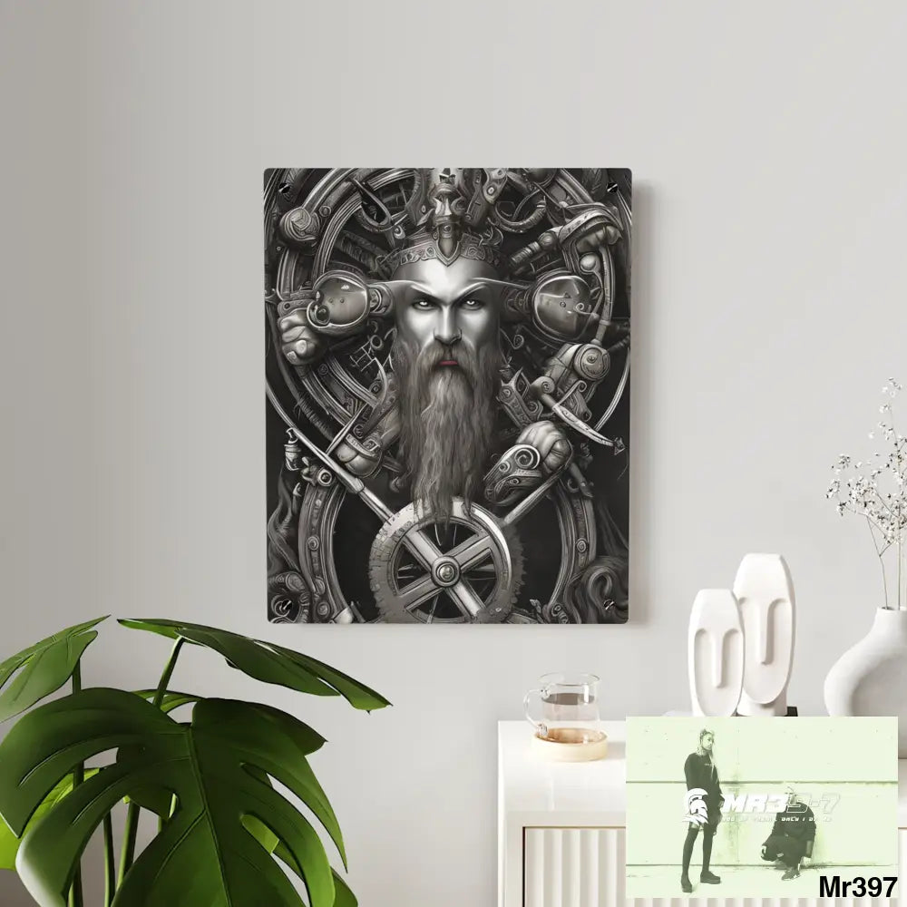 Whimsical Detailed Fantasy Trident Viking Warrior Portrait Centered Clockwork Composition Wall Art Panels Home Decor